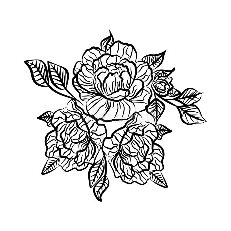 dessin noir et blanc d un tatouage de rose silhouette branche avec des fleurs roses feuilles est symbole image