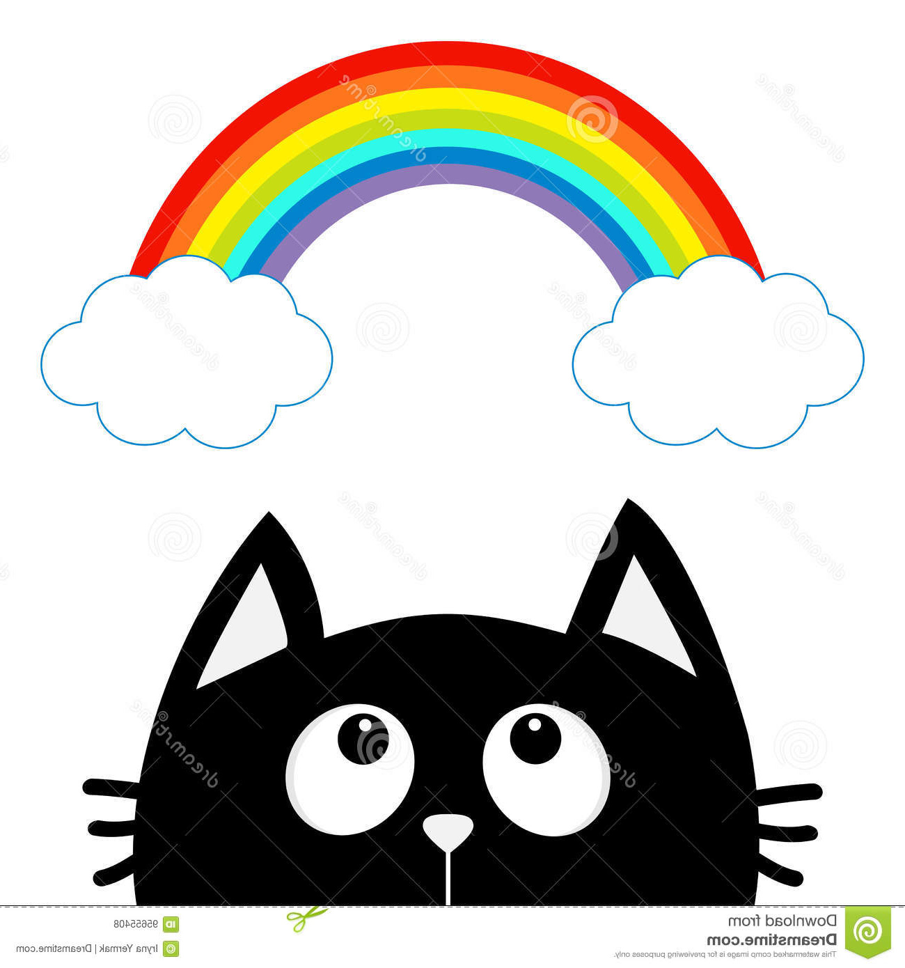illustration stock chat noir recherchant au nuage et à l arc en ciel personnage de dessin animé mignon rose rouge animal de kawaii carte de voeux d image