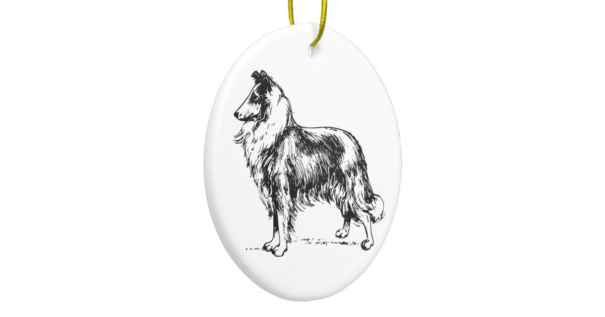 dessin noir et blanc de race de chien de colley ornement rond en ceramique