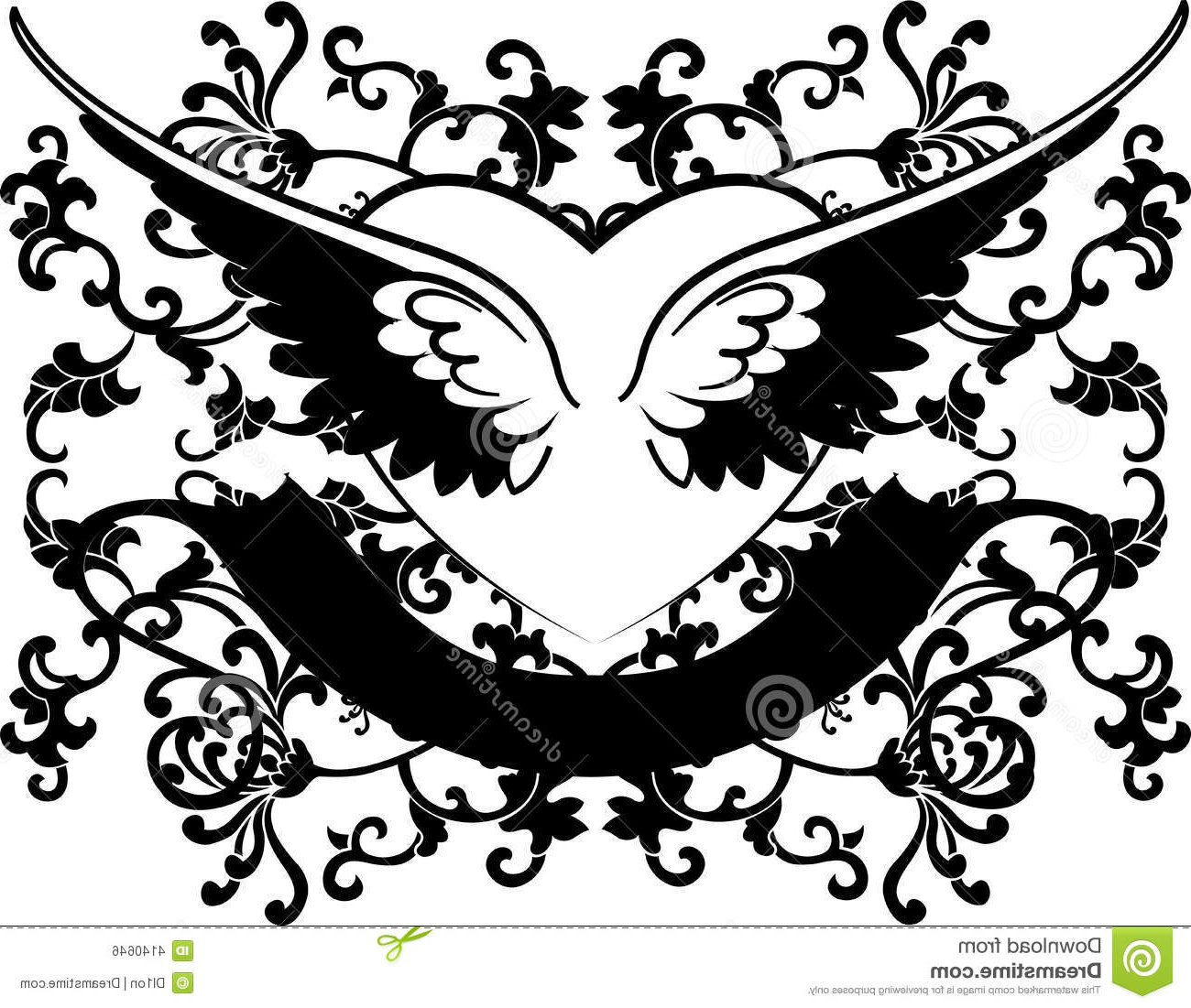 image libre de droits coeur noir et blanc d ailes sur le fond de courbes image