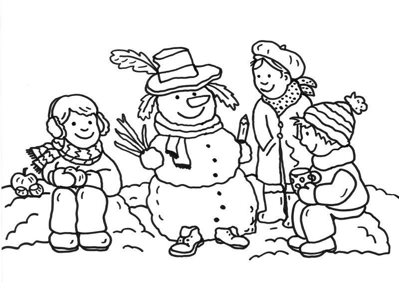 coloriage dhiver bonhomme de neige et enfants