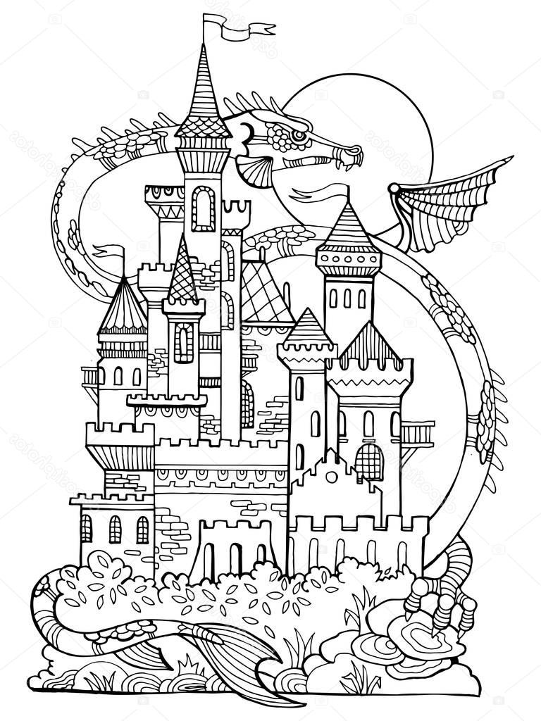 stock illustration castle and dragon coloring book