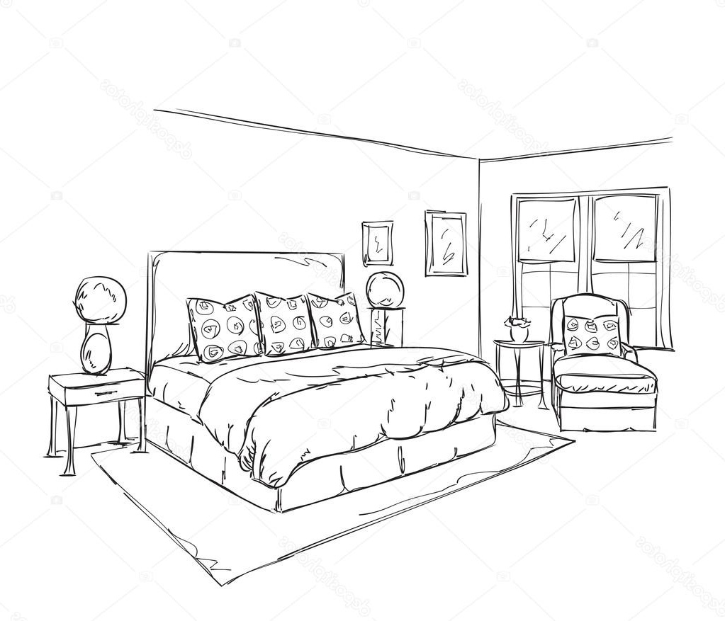stock illustration bedroom modern interior drawing