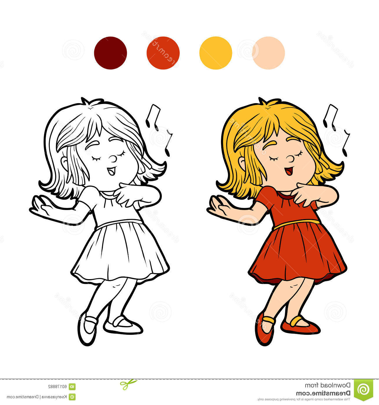 illustration stock livre de coloriage la petite fille dans une robe rouge chante une chanson image