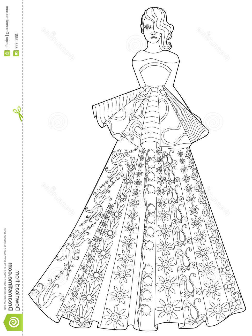illustration stock page de livre de coloriage pour des adultes femme dans une longue robe mode image