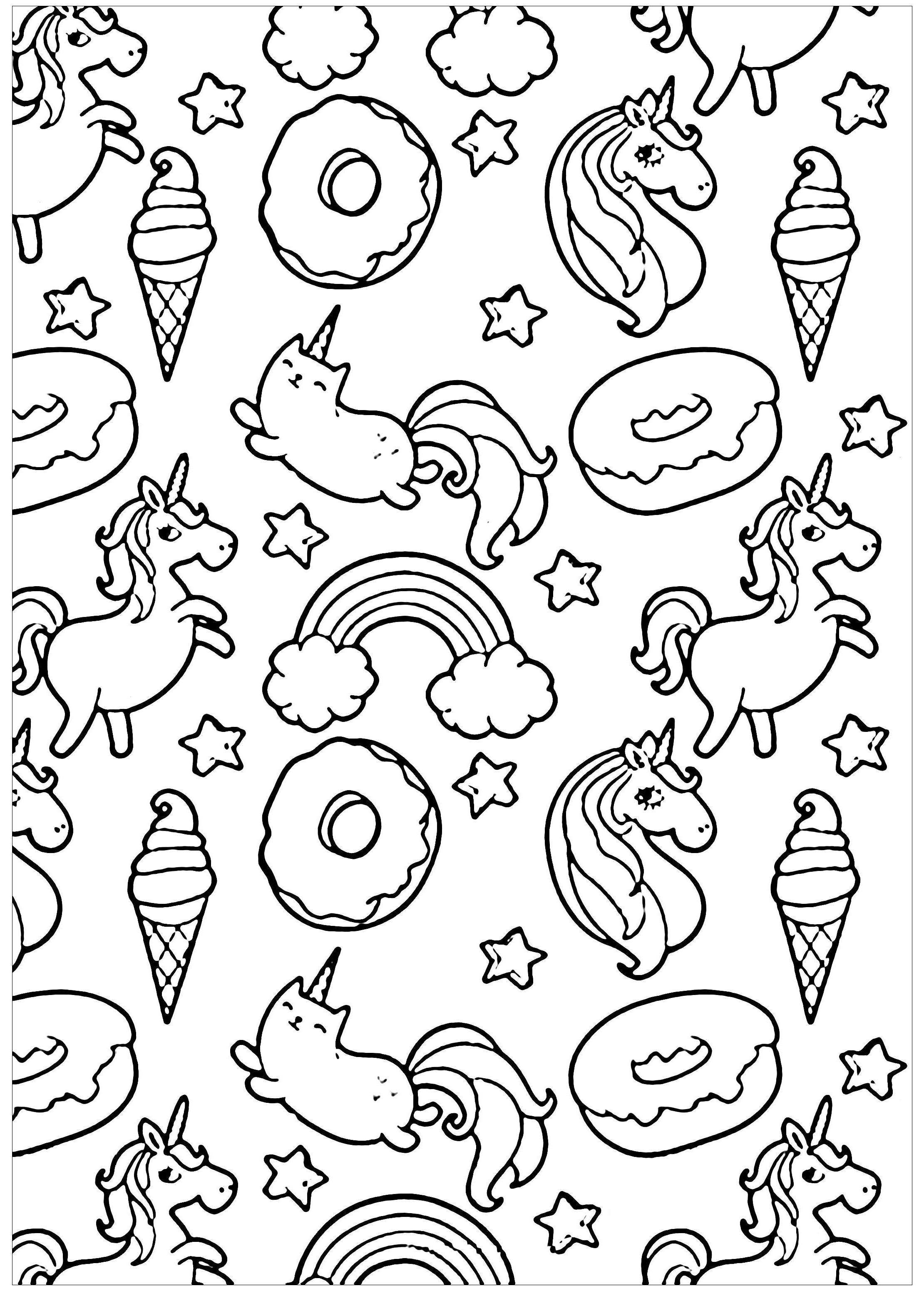 pusheen donuts et licornes coloriage kawaii coloriages pour enfants avec pusheen donuts et licornes et dessin a colorier kawaii 7 2220x3101px dessin a colorier kawaii