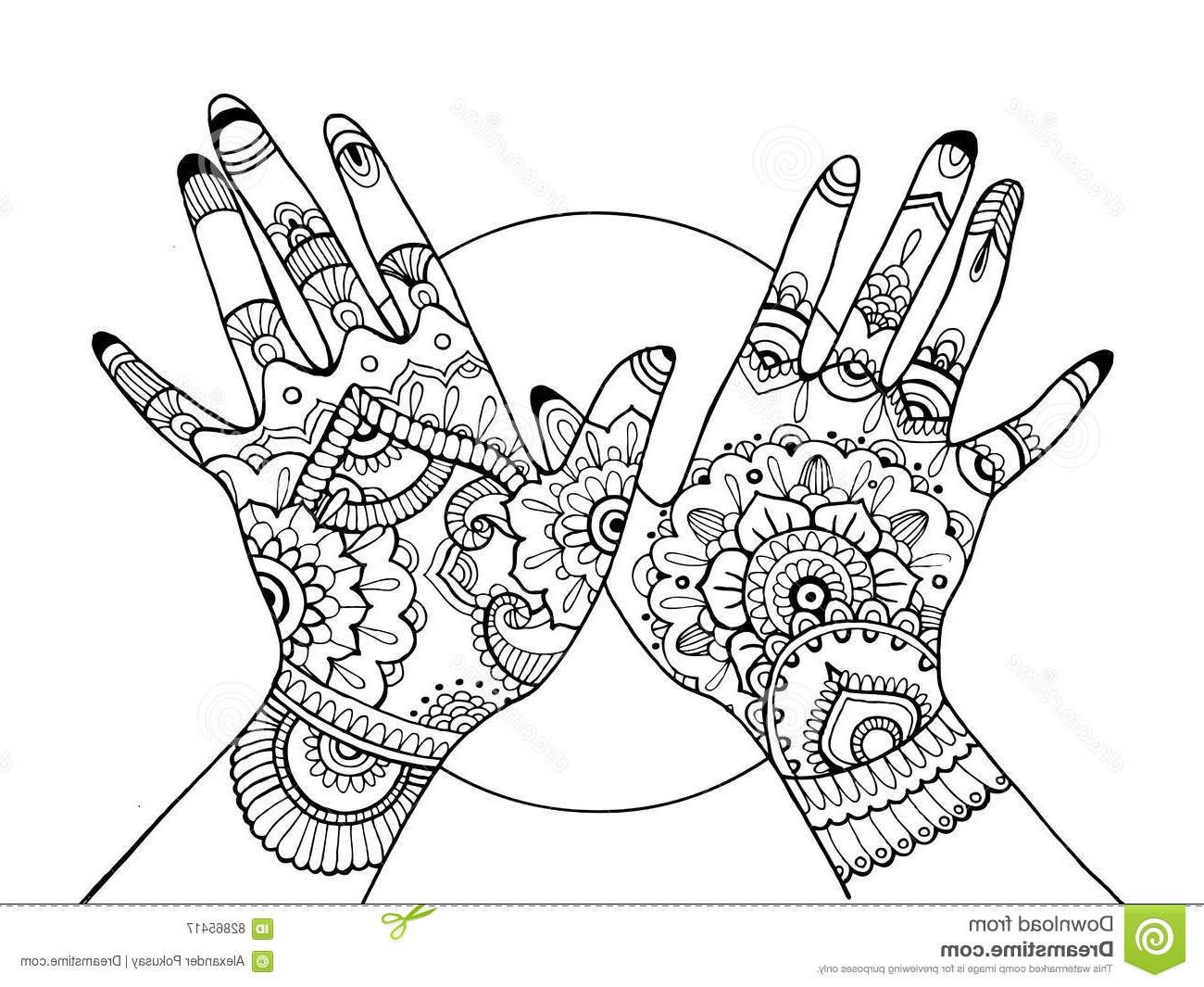 illustration stock mains avec livre de coloriage de dessin de mehndi pour des adultes image