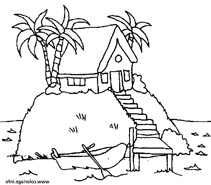 palmier maison pres de la plage coloriage