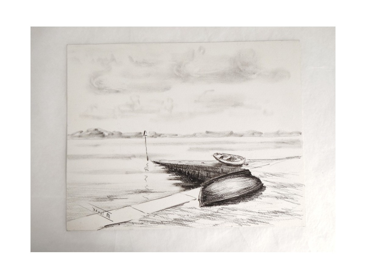 2904 dessin fusain crayon embarcadere bateau golfe morbihan touze painting xxeme