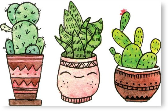 cute cartoon cactus with funny kawaii faces in pots watercolor illustration p=canvas print