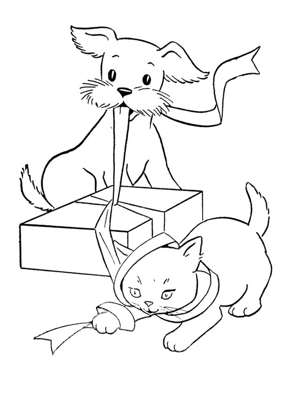 coloriage chien et chat et le cadeau