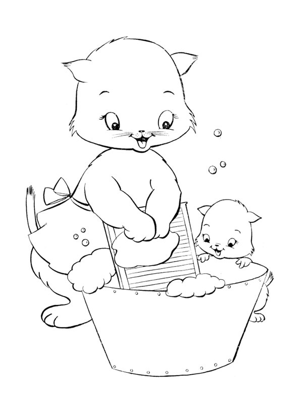 coloriage chat faisant la lessive