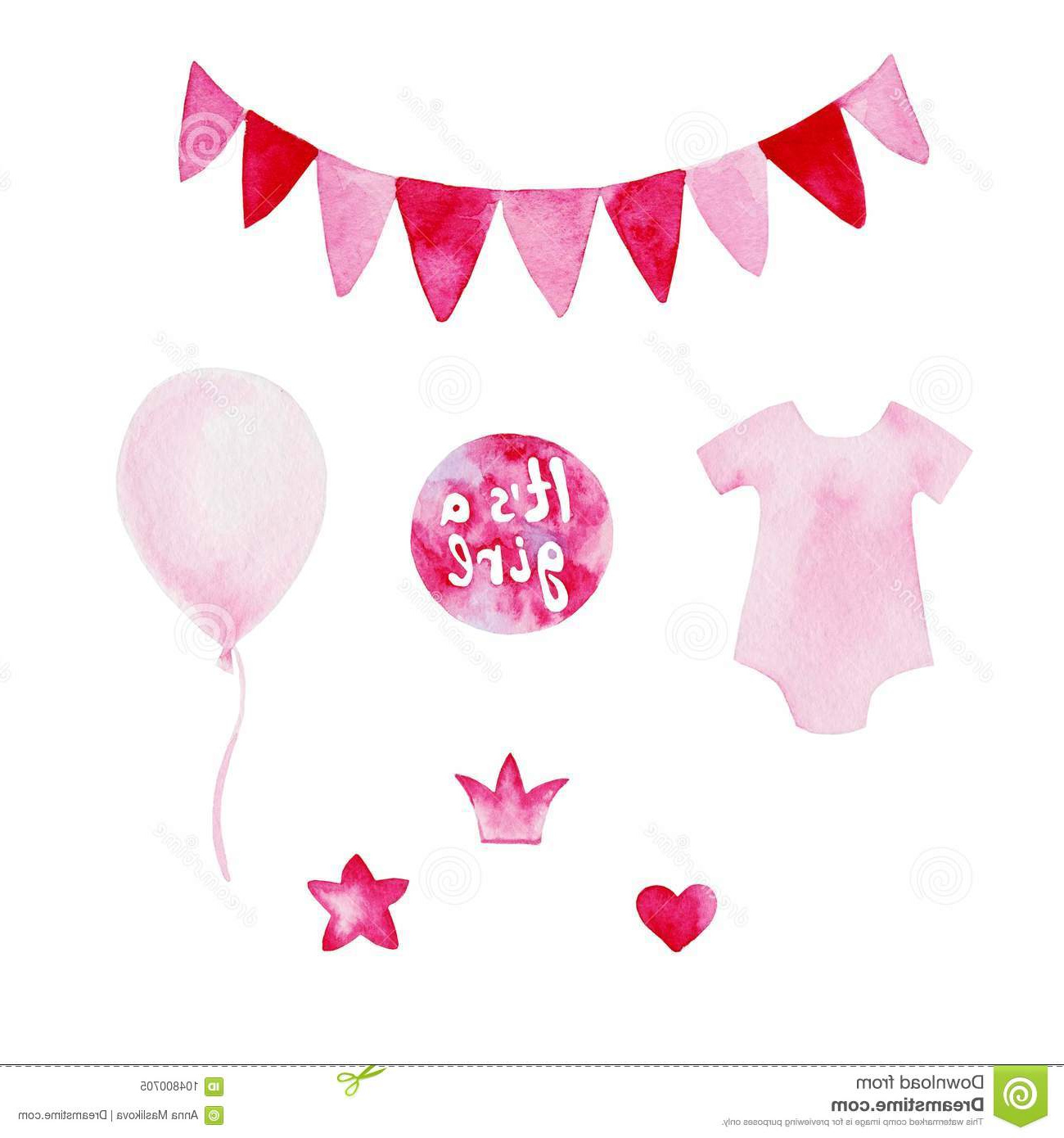 ensemble de fête naissance d aquarelle son un thème fille avec les baloons et le drapeau pour la conception copie ou fond image