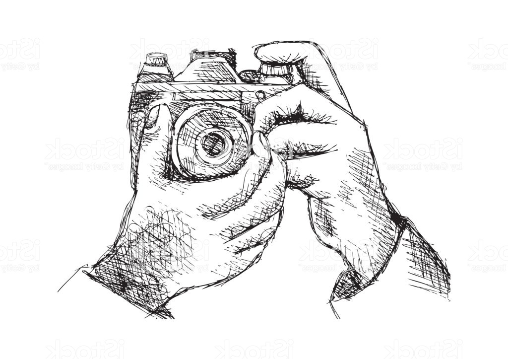 deux mains tenant un appareil photo illustration dessin de main gm