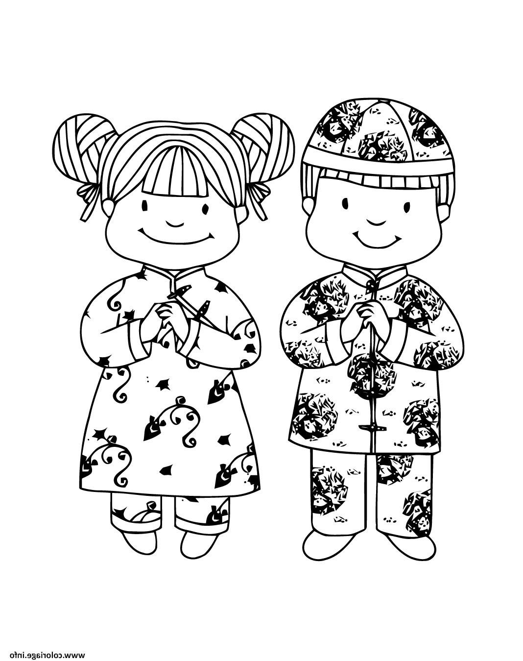 nouvel an chinois fille garcon tenue traditionelle coloriage dessin