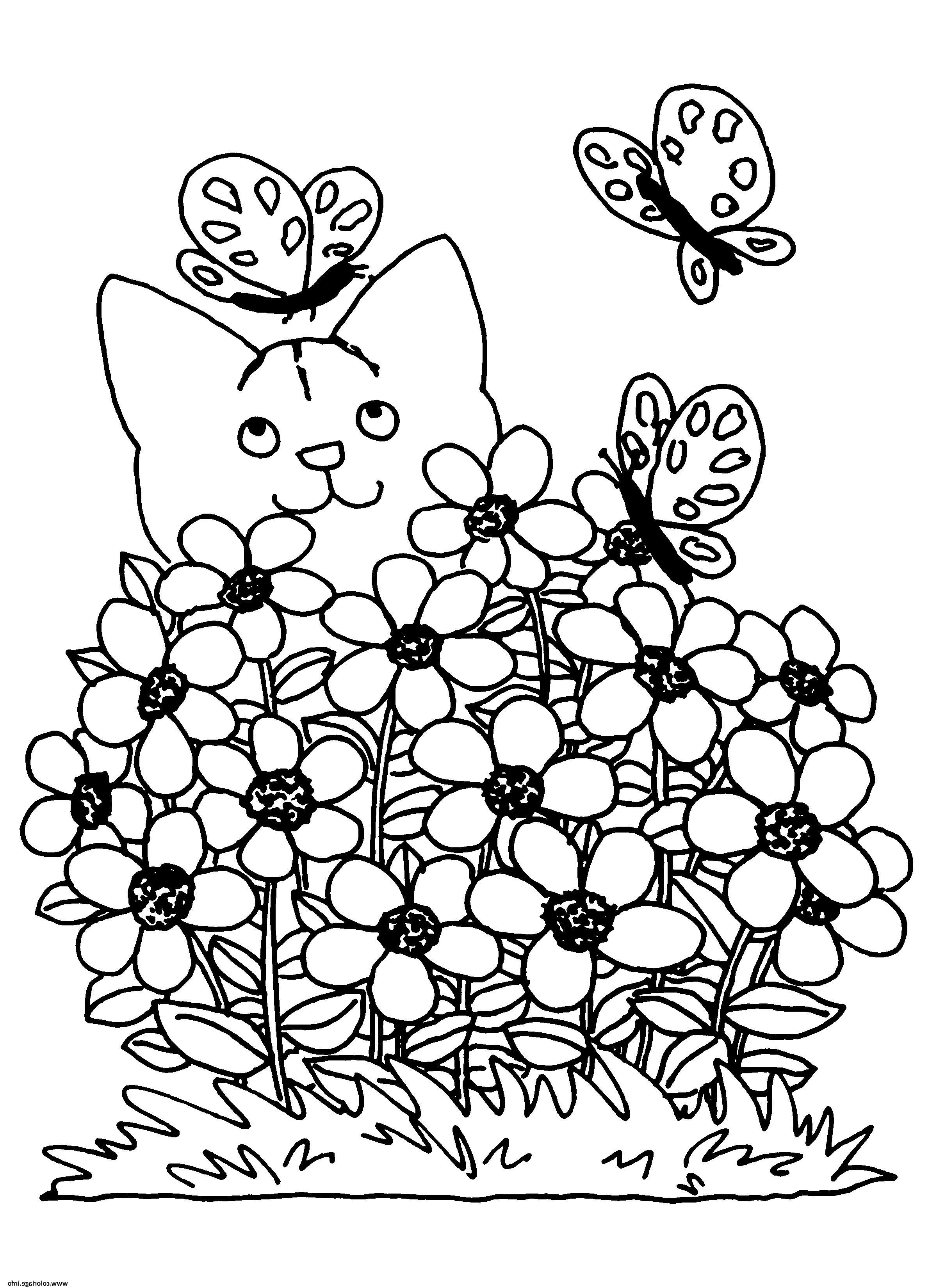 printemps chat fleurs coloriage
