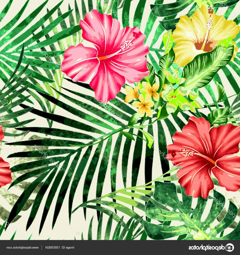 stock illustration tropical plants flowers seamless pattern