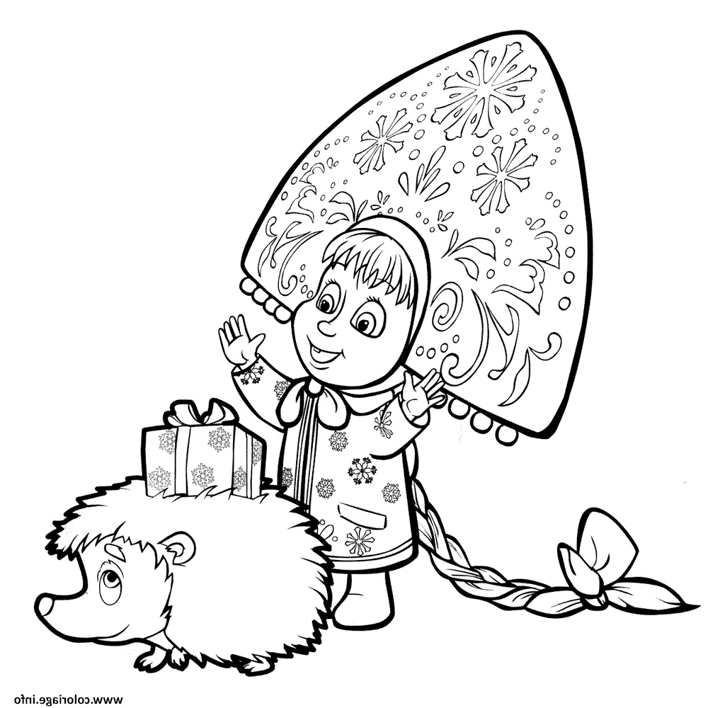 masha et michka offre un cadeau a hedgehog coloriage dessin