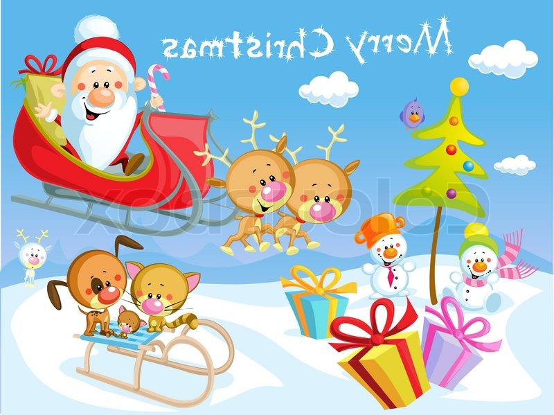 merry christmas design with santa claus sleigh christmas tree snowman and cute animal vector