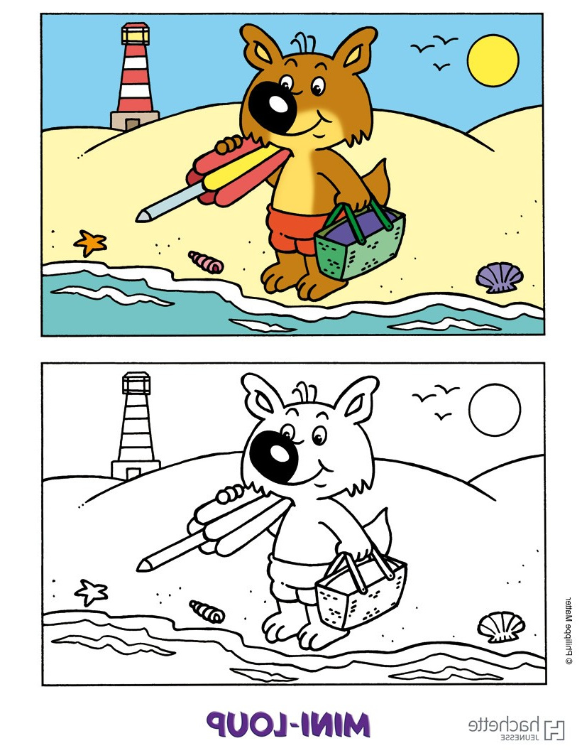 mini loup a colorier sur la plage