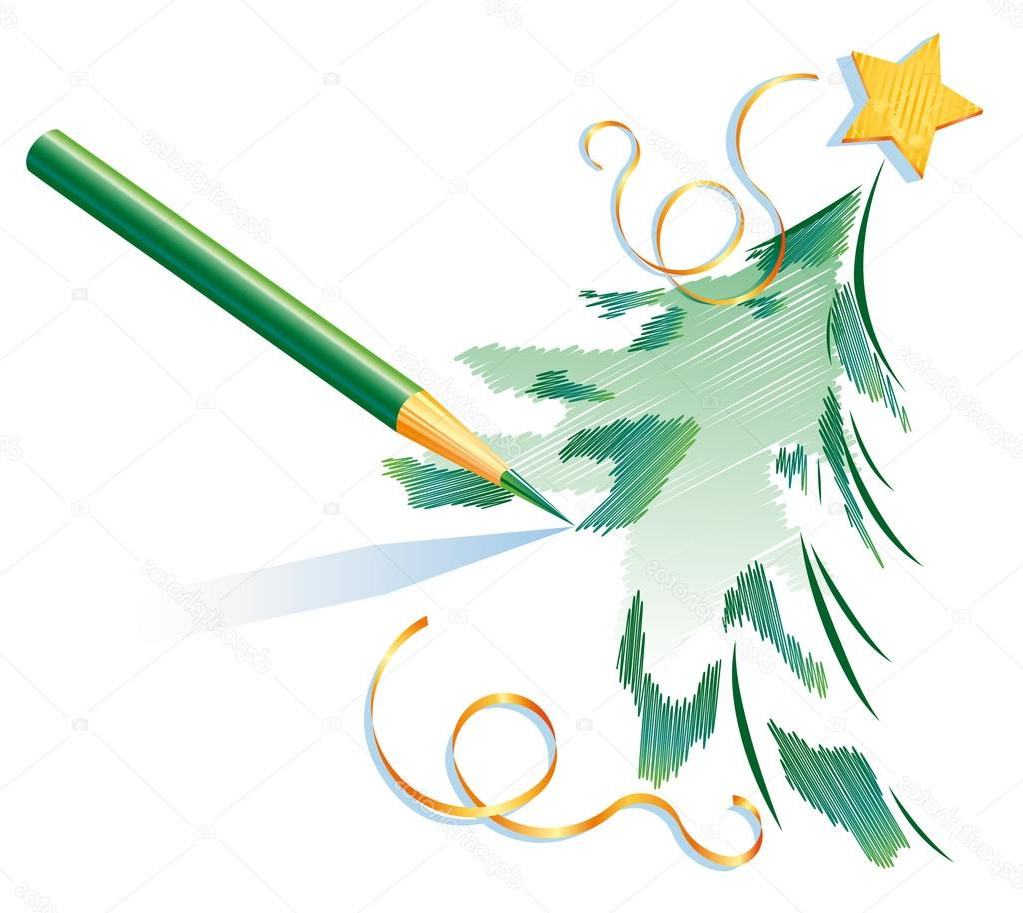 stock illustration green pencil is drawing christmas