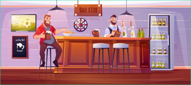 homme au bar biere visiteur au pub assis tabouret haut au bureau bois barman versant boisson tasse illustration dessin anime