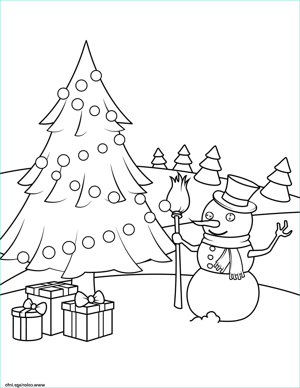 bonhomme de neige avec un sapin et des cadeaux de noel coloriage