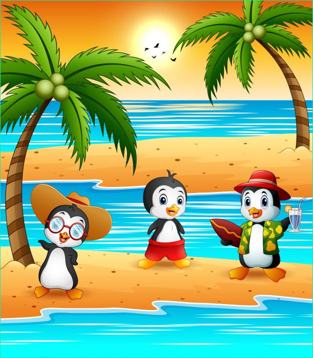 pingouins dessin anime mignon vacances ete