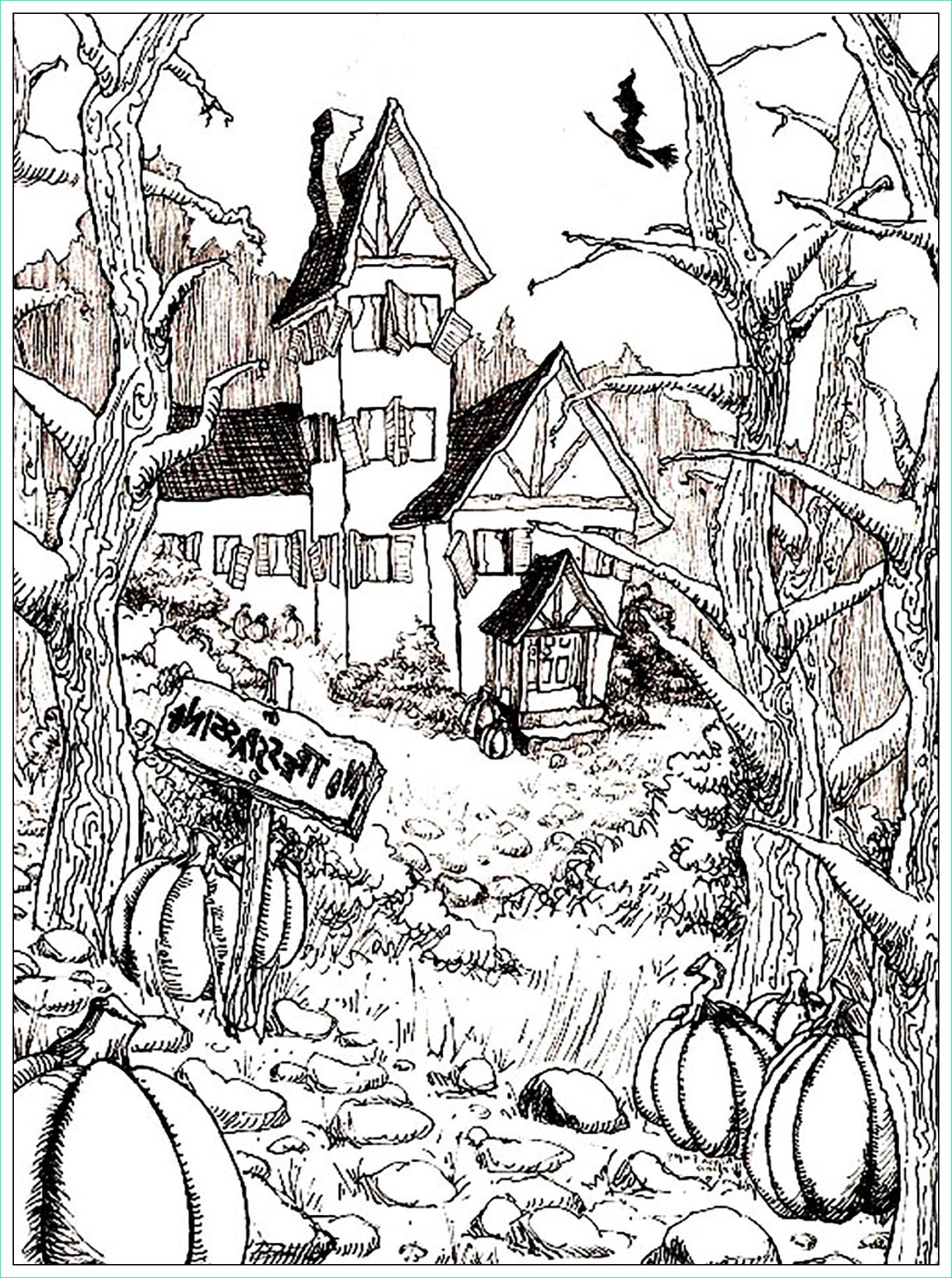halloween adult coloring pages image=events halloween coloring adult haunted house and pumpkins 1