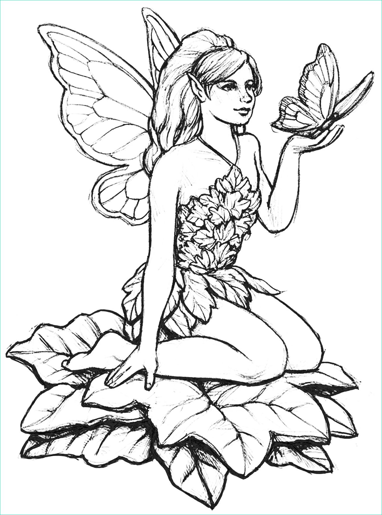 image=mythes et legendes coloriage fee sur feuilles avec papillon 1