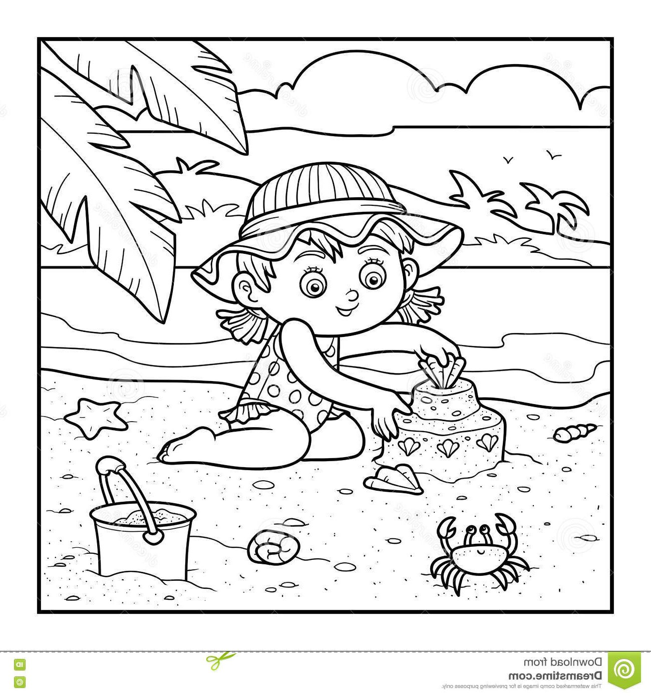 illustration stock livre de coloriage pour des enfants fille construit un château de sable image