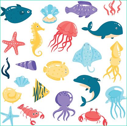 groupe de différents animaux de la mer dans le style de dessin animé joli gm