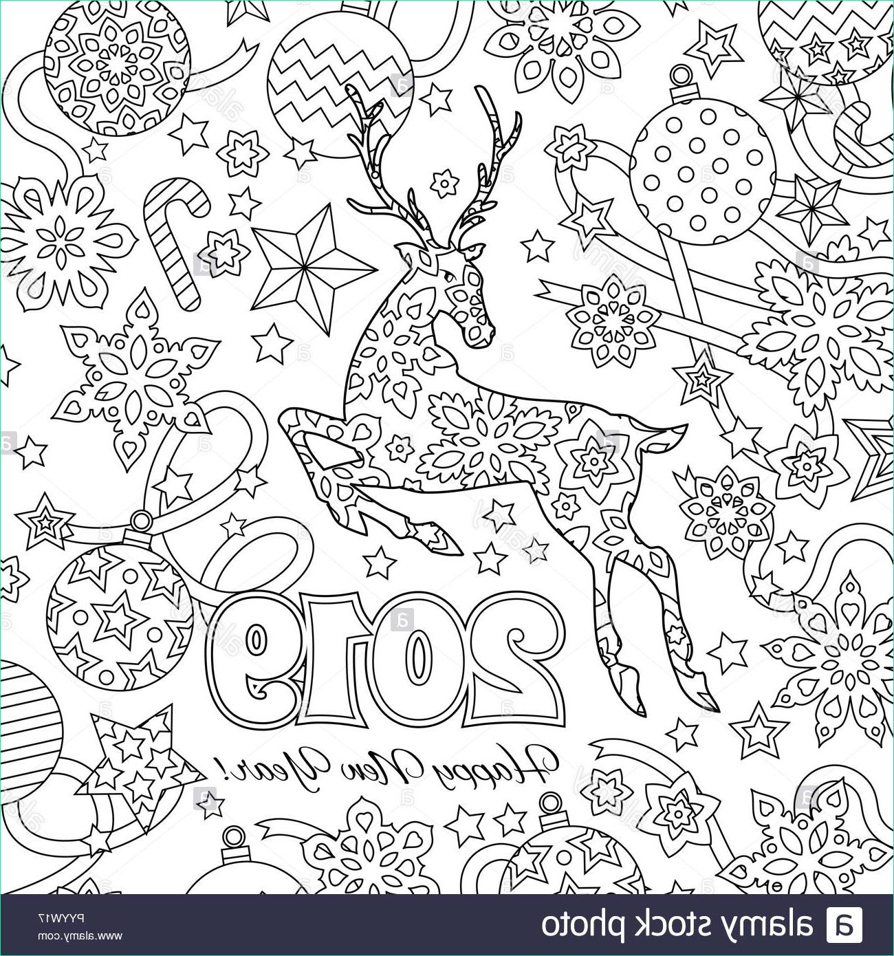 new year congratulation card with numbers 2019 deer and festive objects zentangle inspired style zen colorful graphic image for calendar coloring book image
