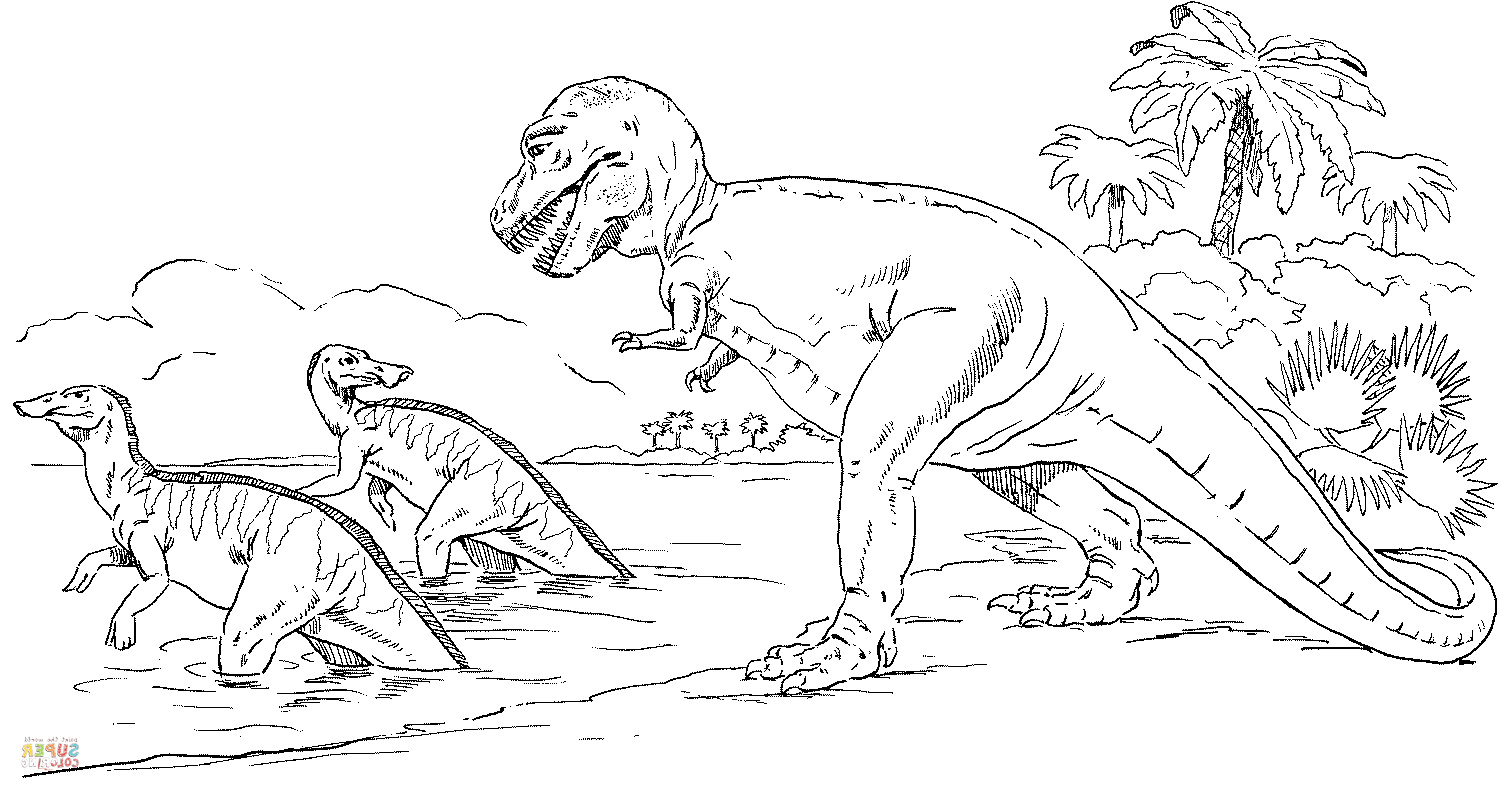 tyrannosaure qui chasse des trachodons