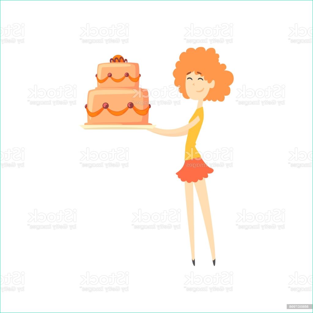 sourire rousse tenant de vecteur de dessin animé de gros gâteau festif gm