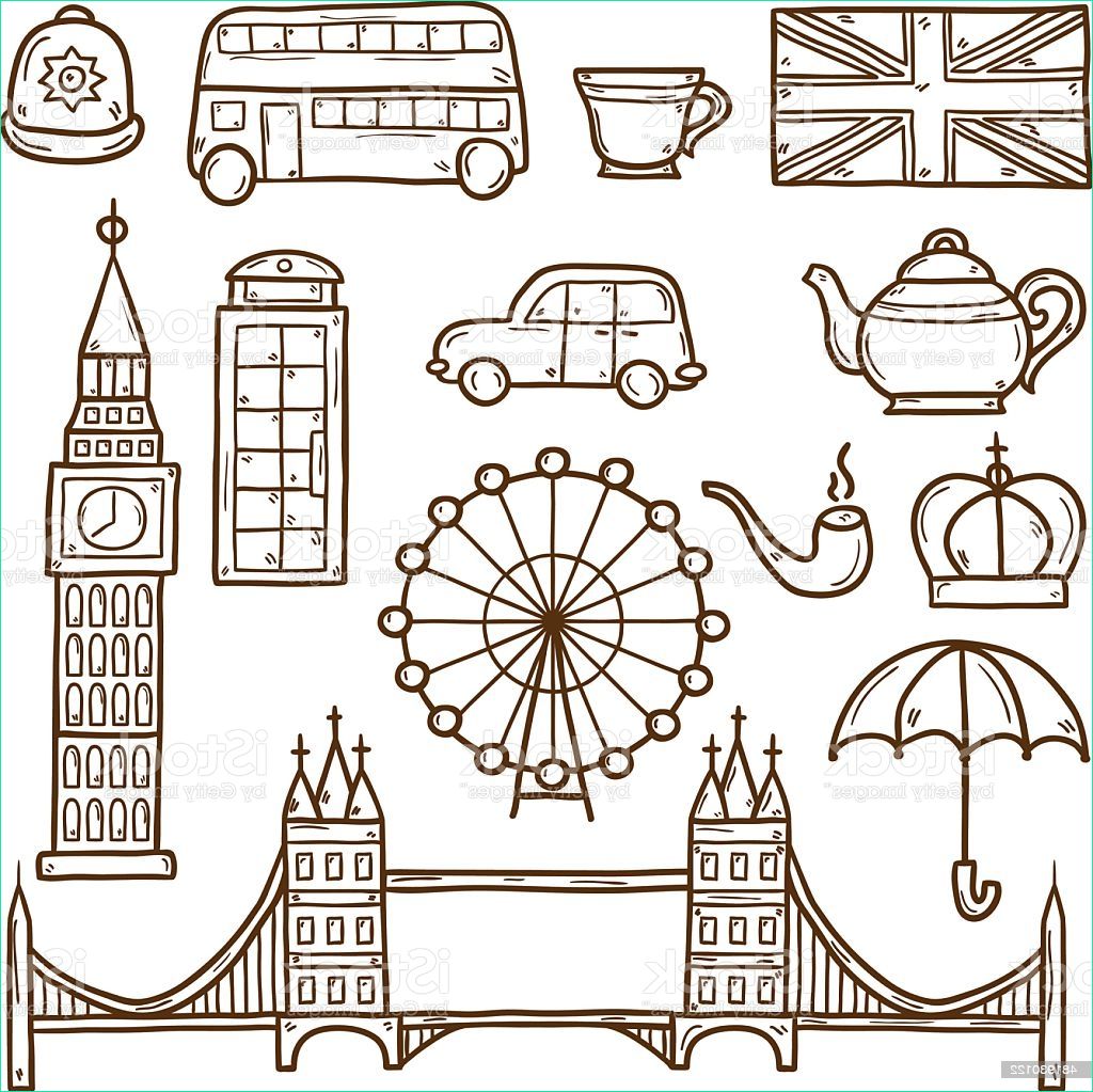 set of cute hand drawn cartoon objects on london theme gm