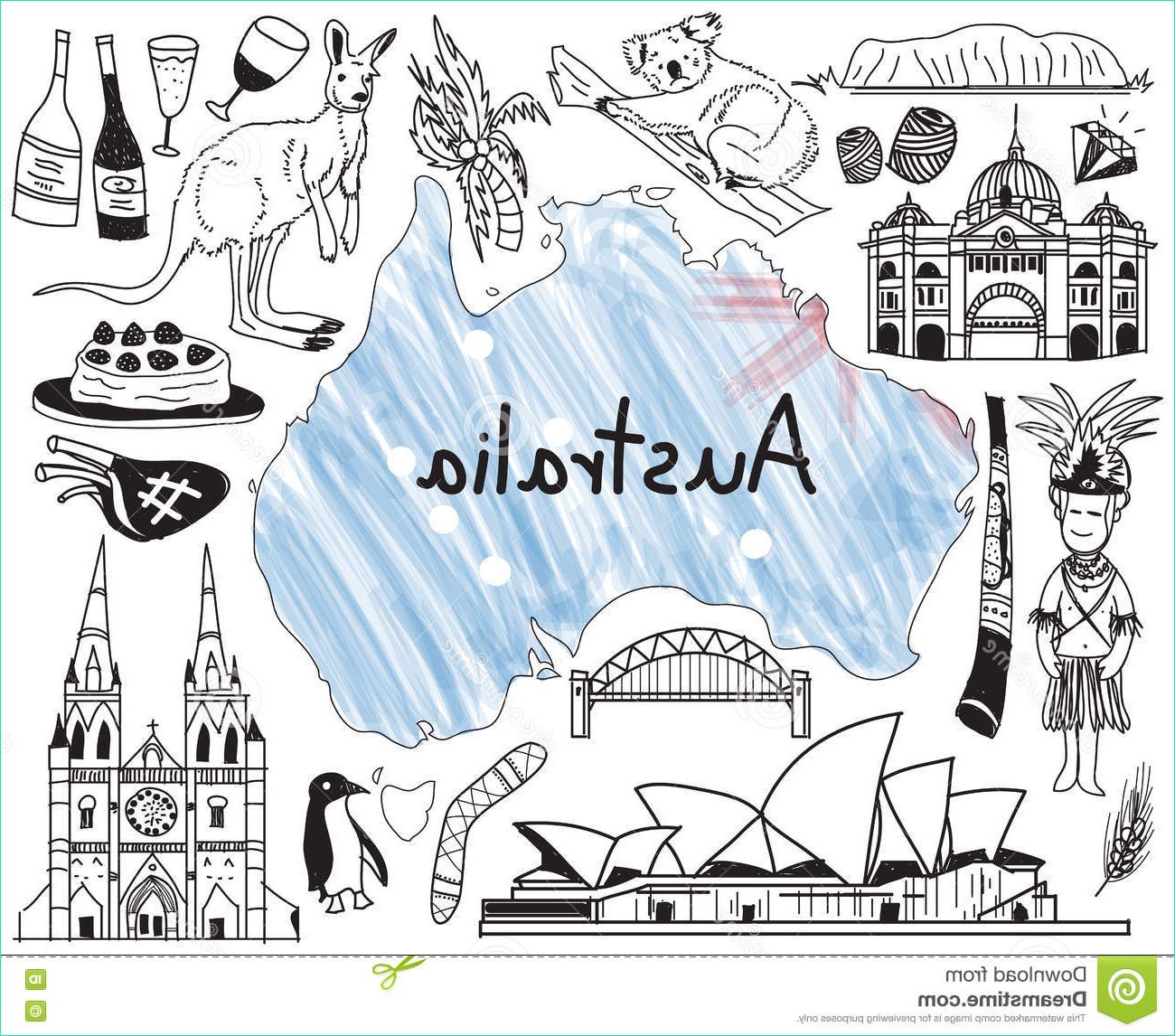 stock illustration travel to australia doodle drawing icon people culture costume landmark cuisine tourism concept isolated background image