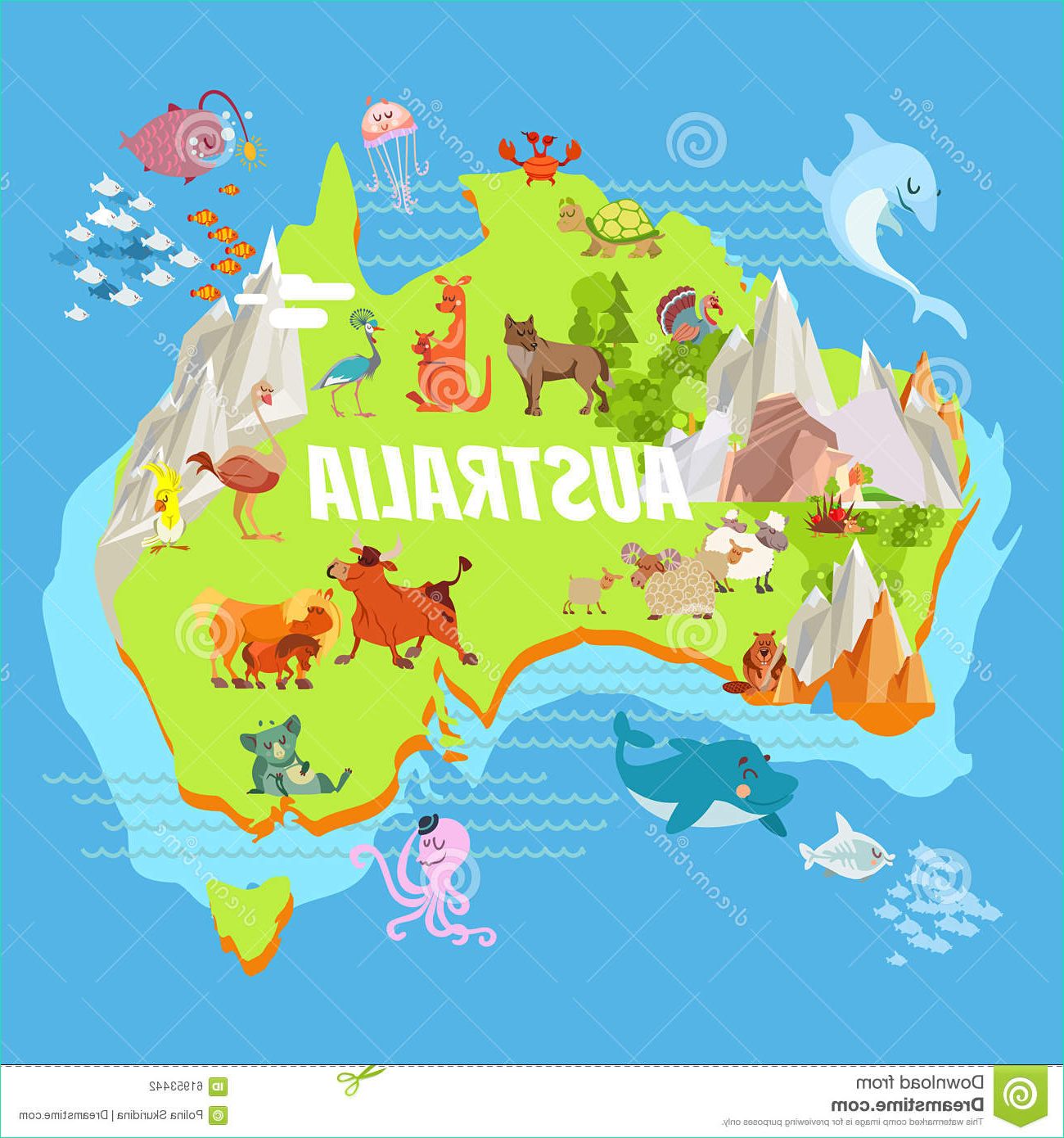 stock illustration cartoon australia map animals continent landscapes cute vector illustration image