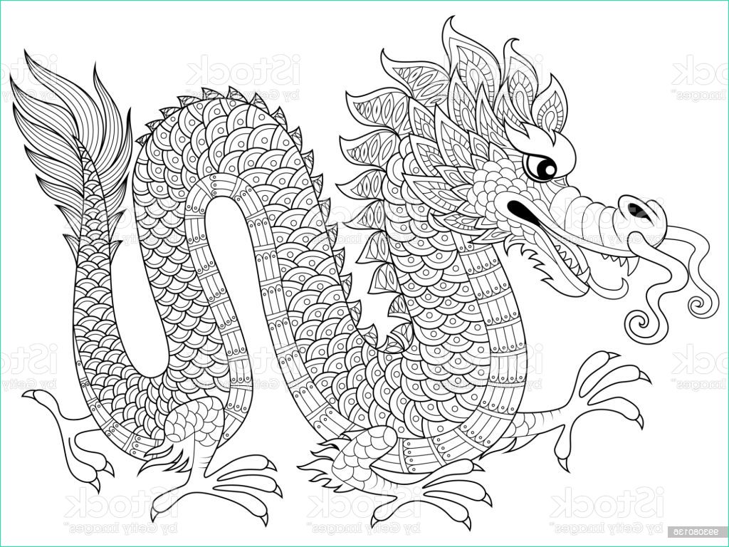 chinese dragon in zentangle style adult antistress coloring page black and white gm