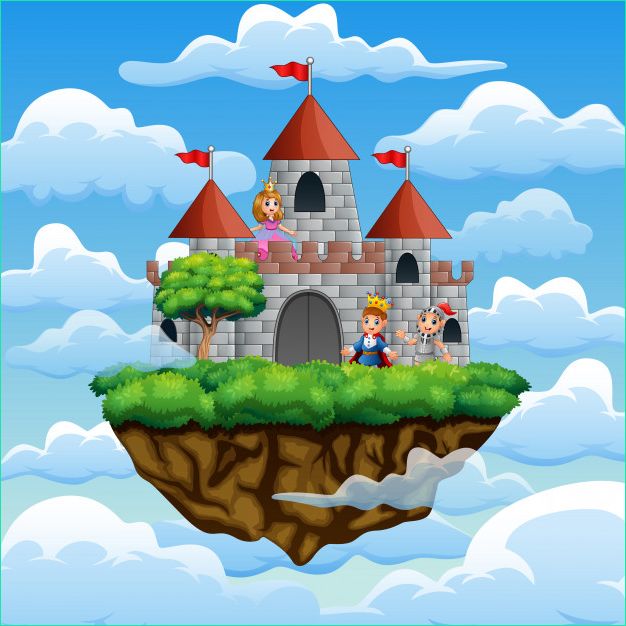 dessin anime prince princesse devant chateau nuage