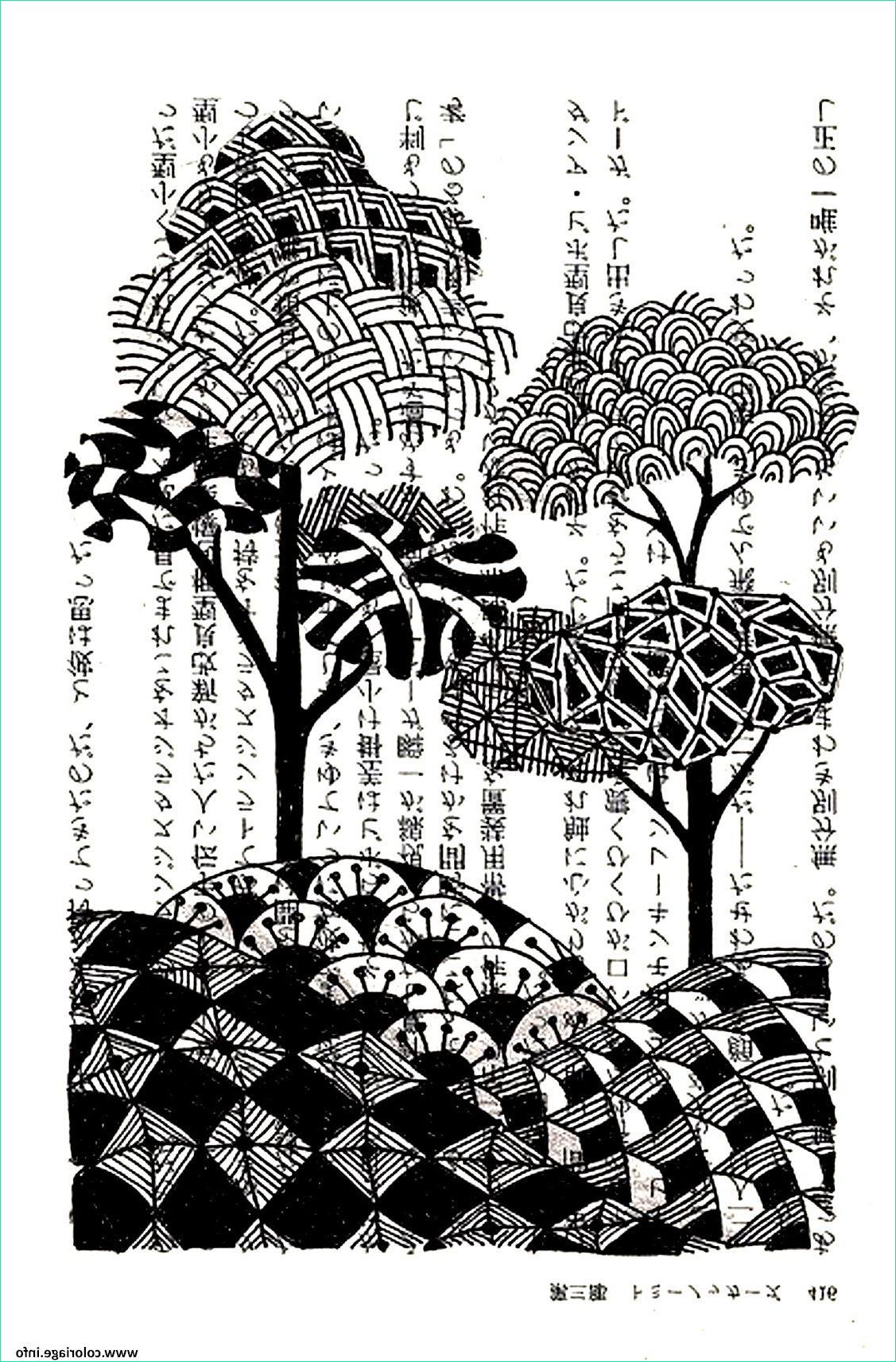 dessin style chinois arbres encre de chine coloriage