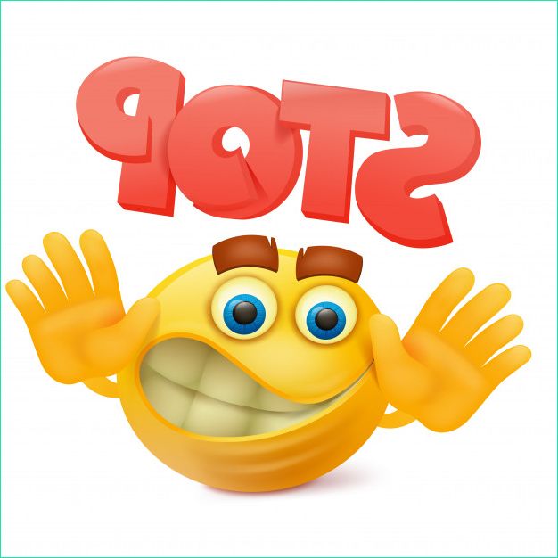 yellow smile face emoji cartoon character with stop gesture