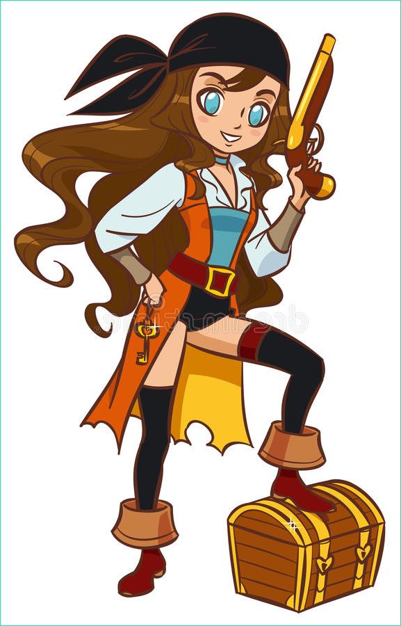 stock illustration pirate girl powder gun treasure chest cartoon anime style image