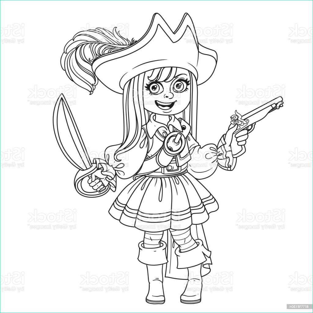 cute girl in pirate costume outlined for coloring page gm