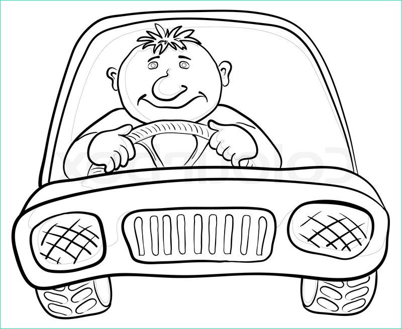 cartoon car with a man driver contours on white image