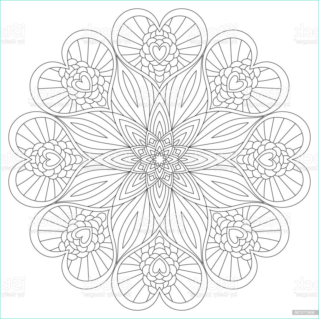 mandala heart coloring book page design flower circular anti stress black and white gm