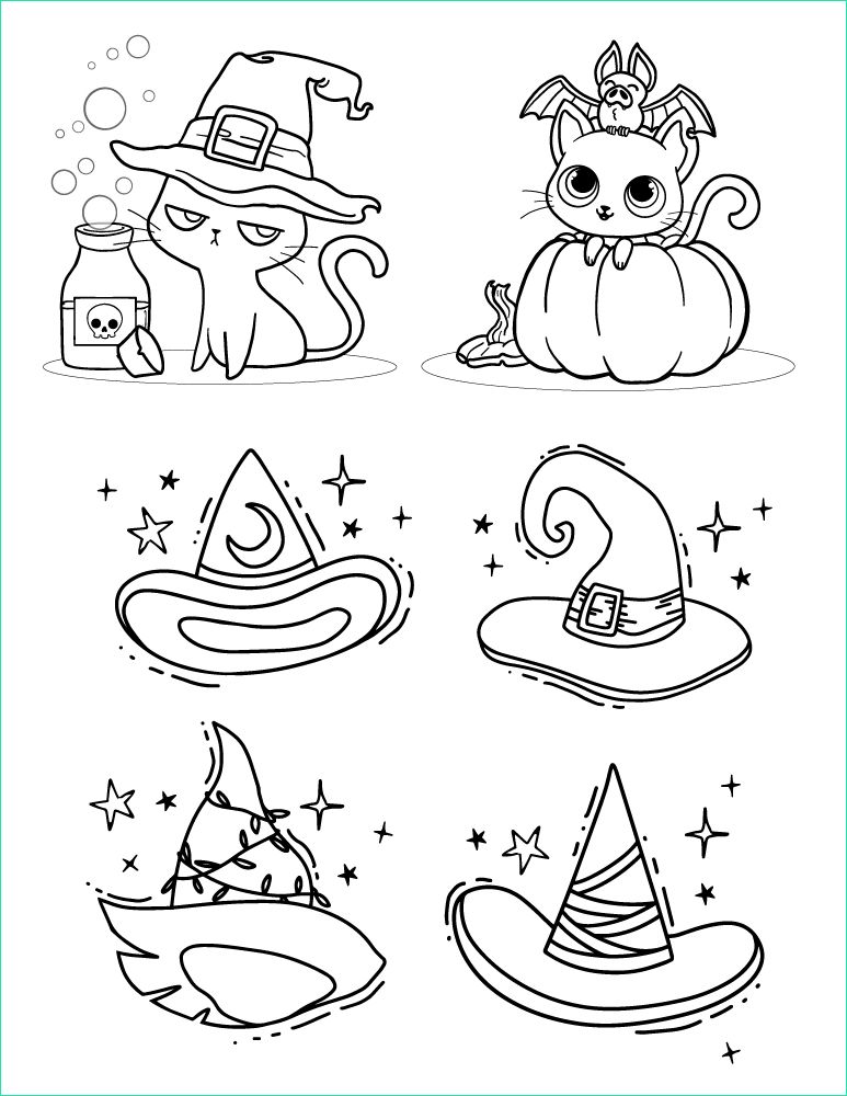 chats et chapeau coloriage adulte pour halloween