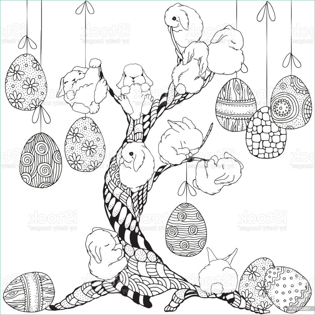 adult coloring page artistic tree easter eggs and bunnies black and white gm