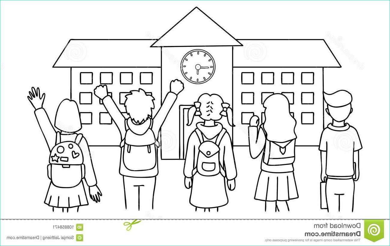 hand drawn students standing front school house back to design element coloring book page kids image