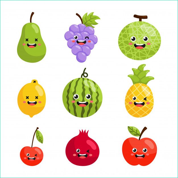 ensemble personnages fruits tropicaux dessin anime dans style kawaii isole blanc